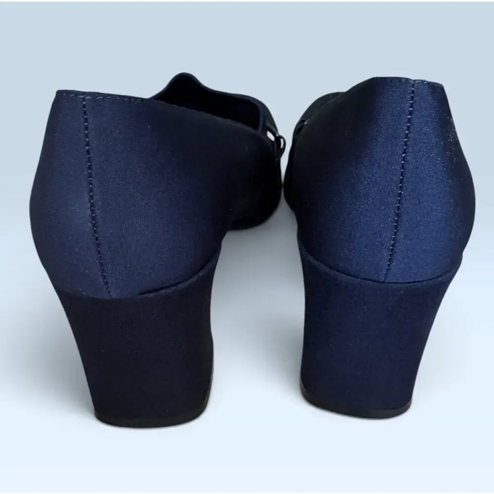 Jennifer Moore Blue Square Toe Loafer Mules Silver Bar Block Heel Size 8